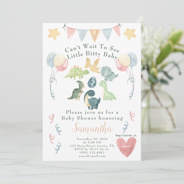 Invitación Cute Dinosaur Watercolor Baby Shower (Anverso de pie)