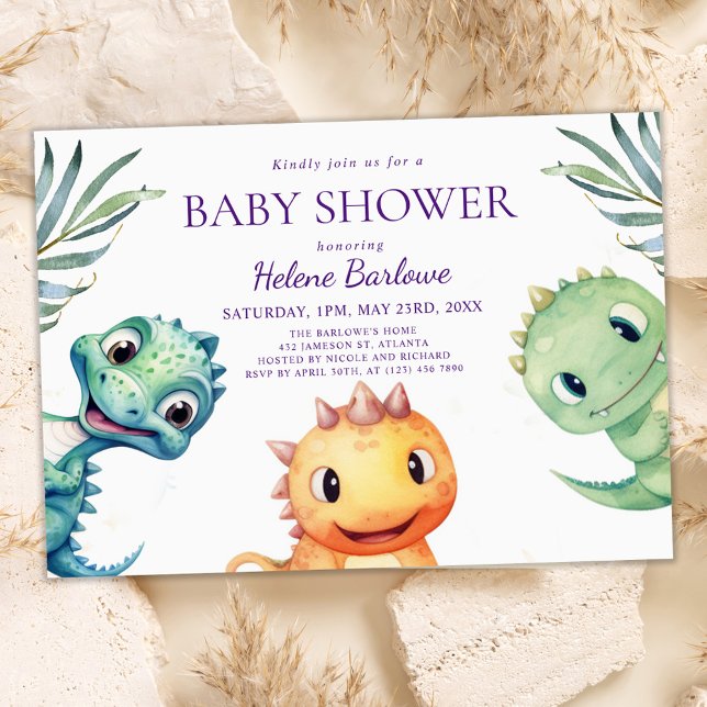Invitación Cute Dinosaur Watercolor Baby Shower (Cute Dinosaur Watercolor Baby Shower Invitation)