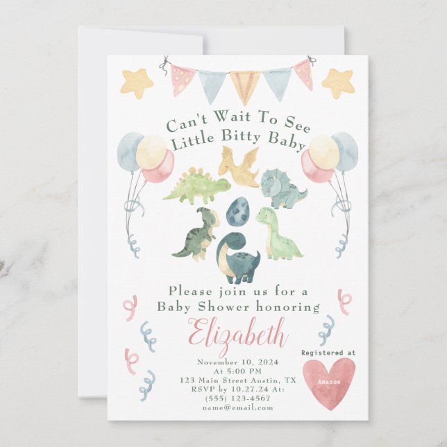 Invitación Cute Dinosaur Watercolor Baby Shower (Anverso)
