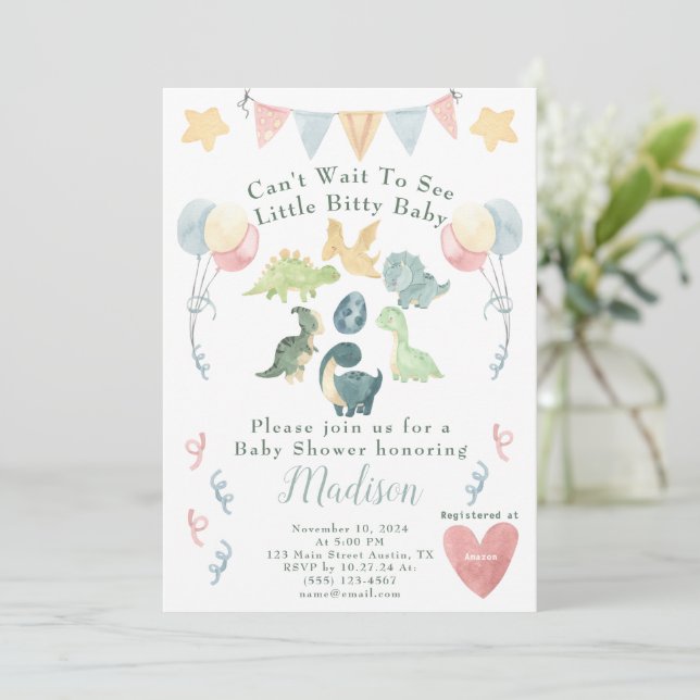 Invitación Cute Dinosaur Watercolor Baby Shower (Anverso de pie)