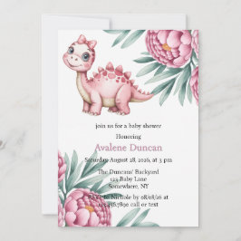Invitación Cute Dinosaur with Pink Peony Girl Baby Shower