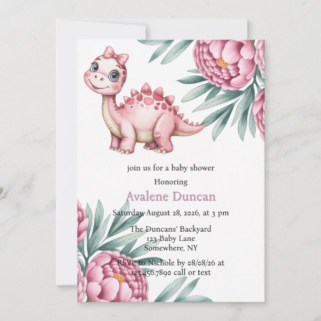 Invitación Cute Dinosaur with Pink Peony Girl Baby Shower (Anverso)