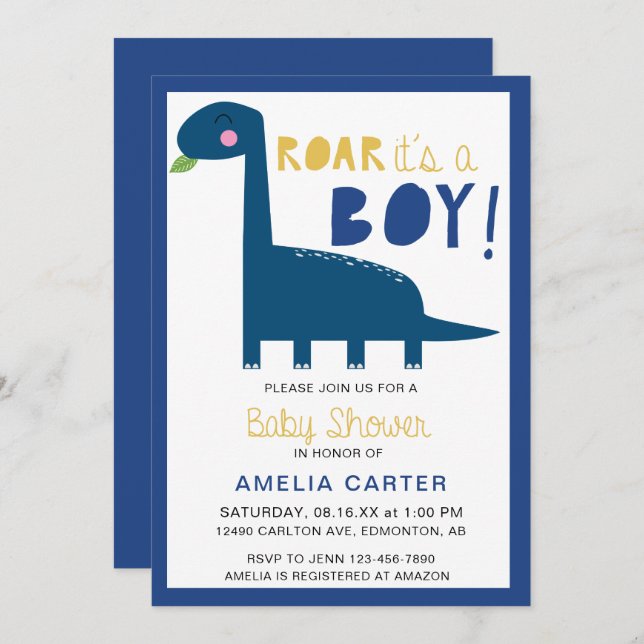 Invitación Cute Dinosaurio bebé ducha Boy Azul Moderno (Anverso / Reverso)
