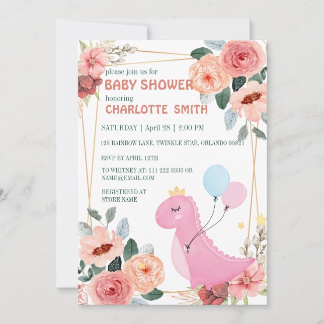 Invitación Cute dinosaurio corona globo flor ducha bebé (Anverso)
