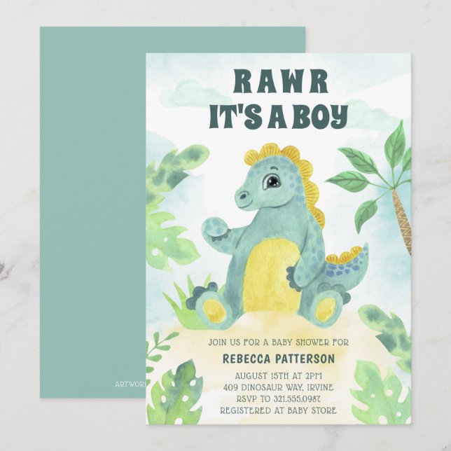 Invitación Cute dinosaurio rompe es un niño Baby Shower (Anverso / Reverso)