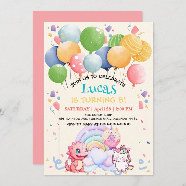 Invitación Cute dinosaurio unicornio globo de donut arcoiris (Anverso / Reverso)