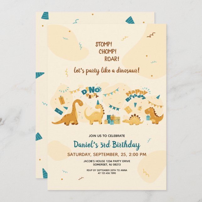 Invitación Cute dinosaurios Tercer Fiesta de Dino de Cumpleañ (Anverso / Reverso)