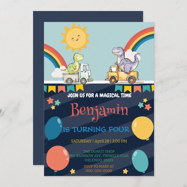 Invitación Cute dinosaurios tractor camión arco iris Niño cum (Anverso / Reverso)