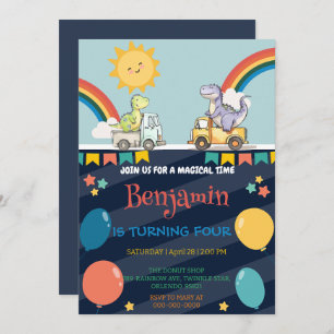 Invitación Cute dinosaurios tractor camión arco iris Niño cum