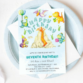 Invitación Cute divertida colorida dinosaurios Volcán acuarel