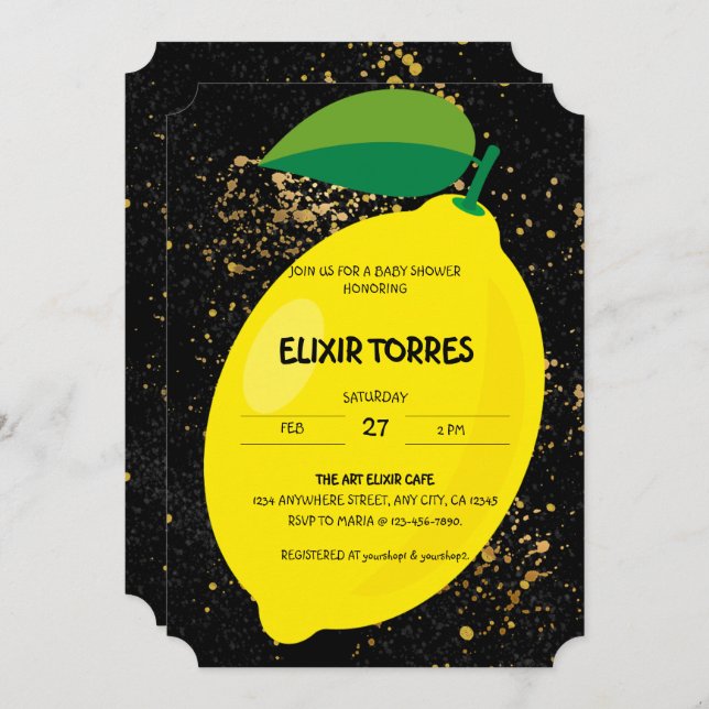 Invitación Cute Divertido amarillo Lemon Gold Purpurinas Baby (Anverso / Reverso)
