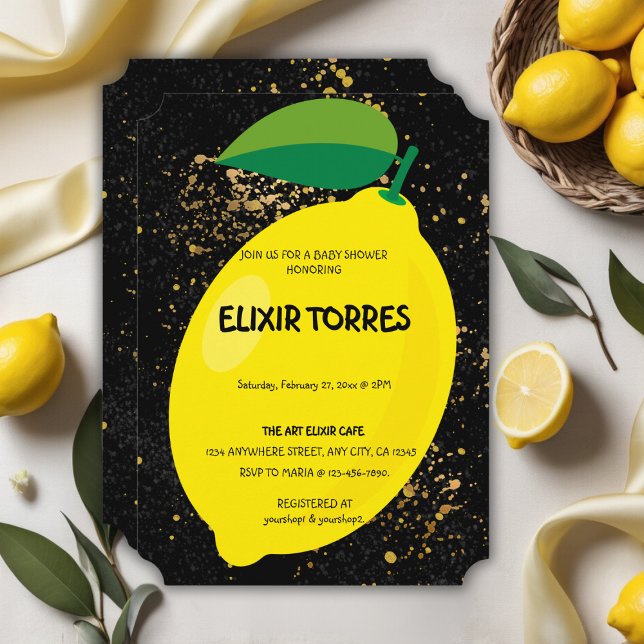 Invitación Cute Divertido amarillo Lemon Gold Purpurinas Baby (Subido por el creador)