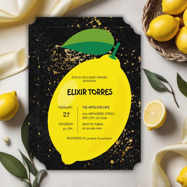 Invitación Cute Divertido amarillo Lemon Gold Purpurinas Baby (Subido por el creador)