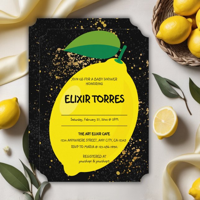 Invitación Cute Divertido amarillo Lemon Gold Purpurinas Baby (Subido por el creador)