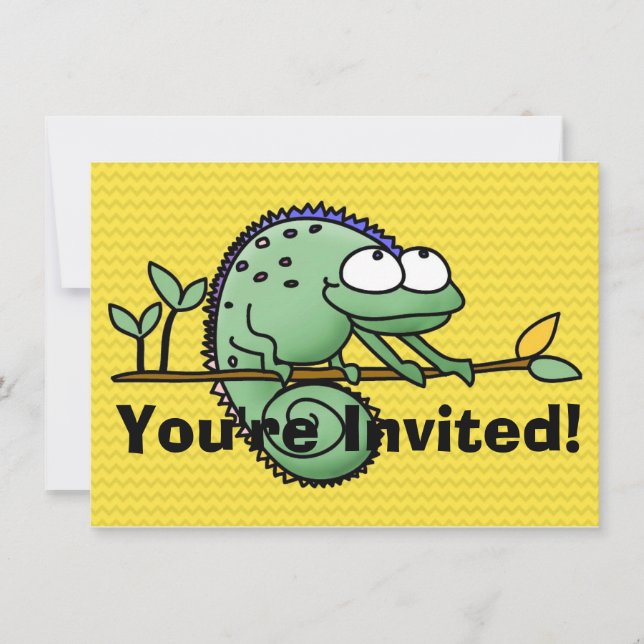 Invitación Cute divertido camaleón dibujo lagarto verde (Anverso)
