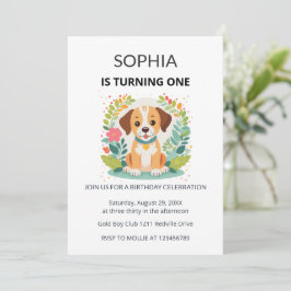 Invitación Cute Dog Floral Kids First Birthday 
