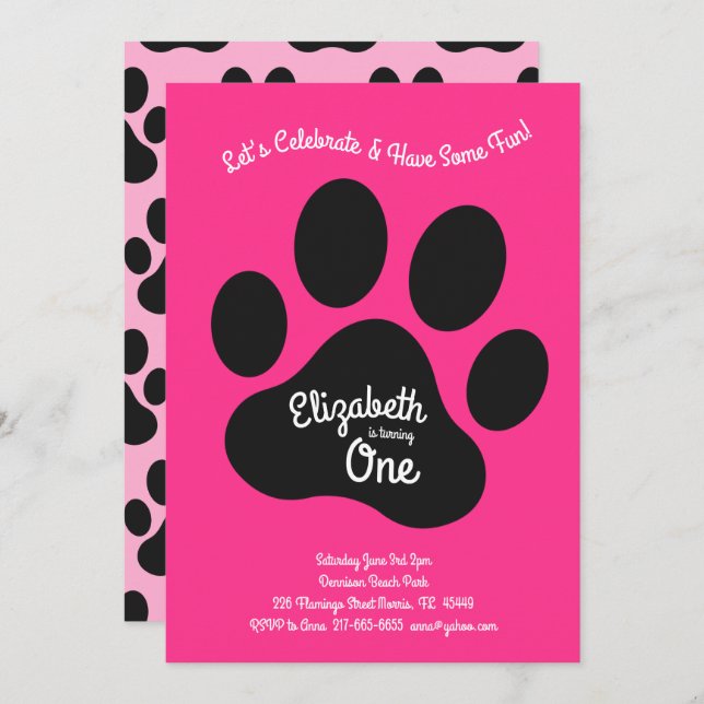 Invitación Cute Dog Paw Imprimir niños Primer cumpleaños Fies (Anverso / Reverso)