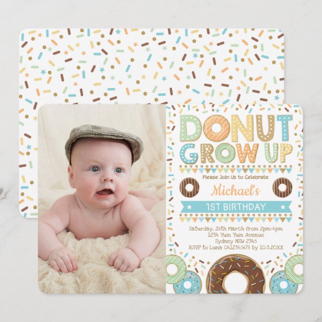 Invitación Cute Donut 1er cumpleaños Doughnut Sprinkles Boy (Anverso / Reverso)