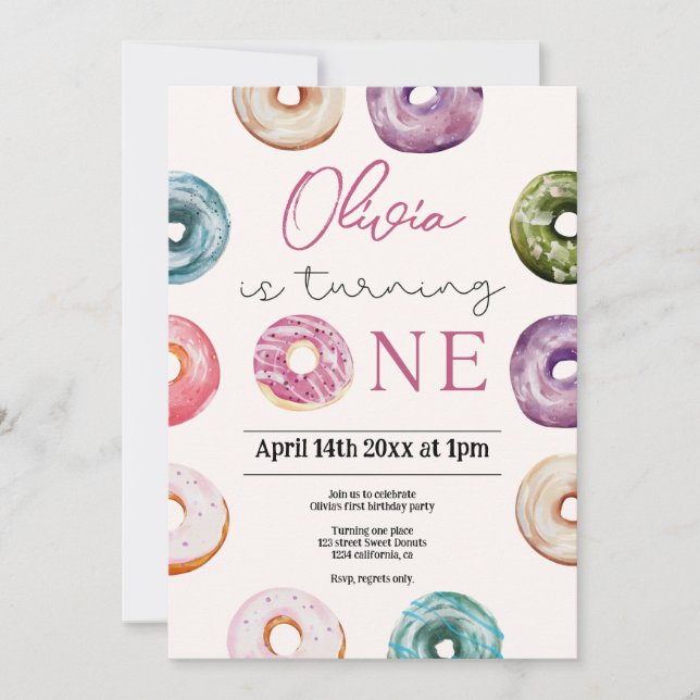 Invitación Cute Donuts 1er cumpleaños, dulces tratamientos pa (Anverso)