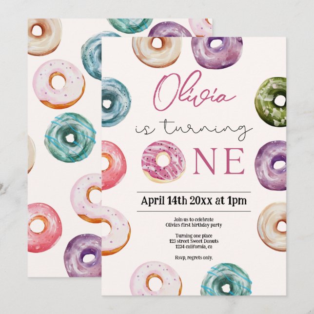 Invitación Cute Donuts 1er cumpleaños, dulces tratamientos pa (Anverso / Reverso)