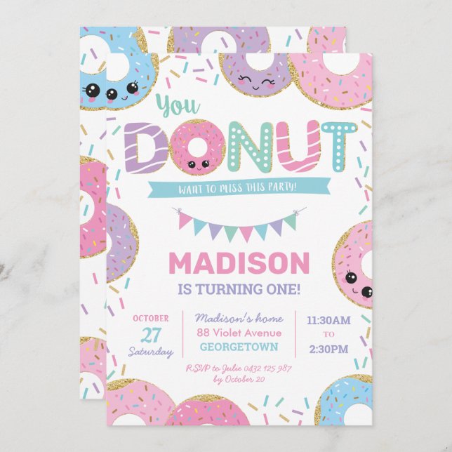 Invitación Cute donuts: Fiesta de cumpleaños con rociadas de  (Anverso / Reverso)
