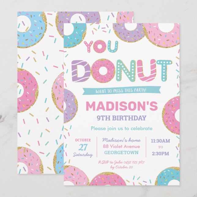 Invitación Cute donuts y fiesta de cumpleaños de Sprinkles (Anverso / Reverso)