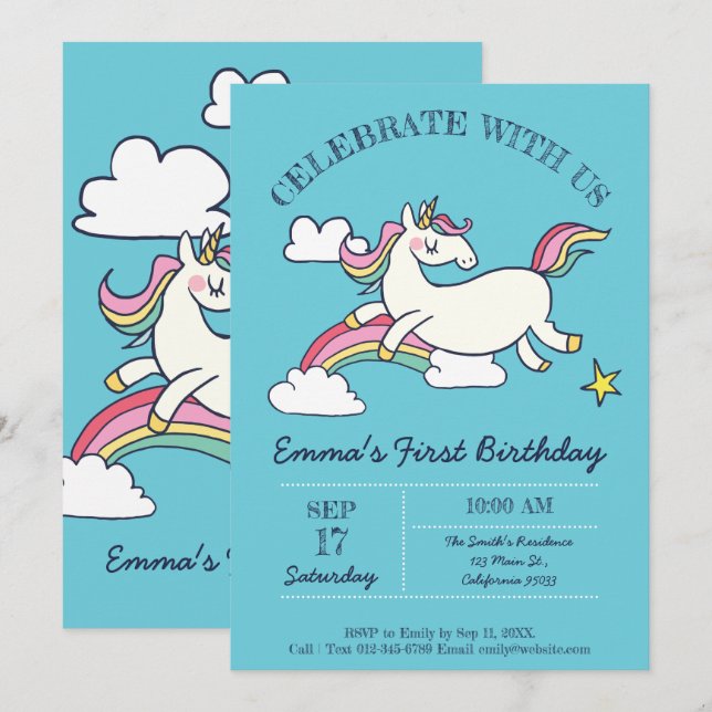 Invitación Cute Doodle de Cumpleaños Rainbow Unicorn y Estrel (Anverso / Reverso)