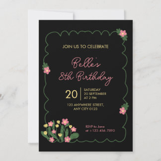 Invitación Cute Doodle Flower Frame Kids Birthday Invitation