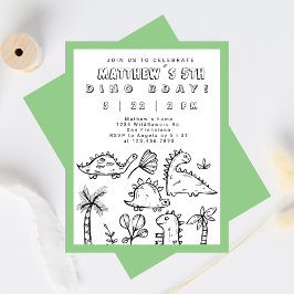 Invitación Cute Doodles Sage Green Dino Fiesta Kid