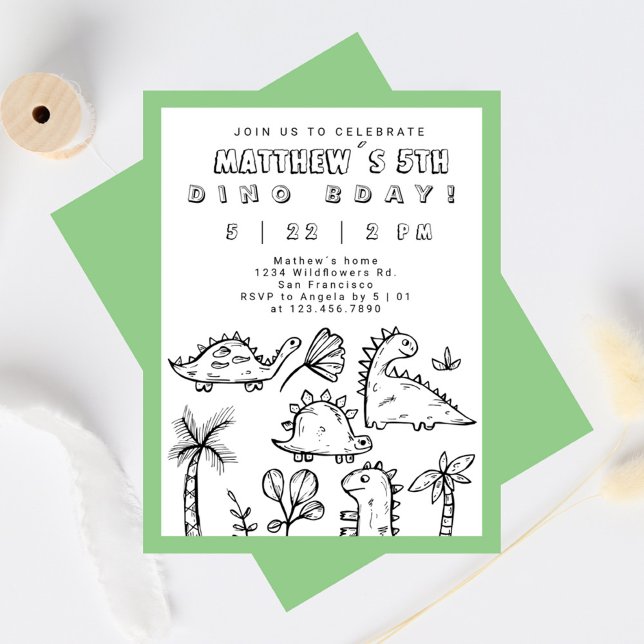 Invitación Cute Doodles Sage Green Dino Fiesta Kid (Cute Dino Doodles Sage Green Dino Party Kid´s Birthday Invitation)
