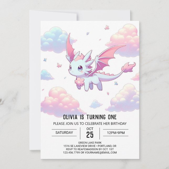Invitación Cute Dragon 1er cumpleaños (Anverso)