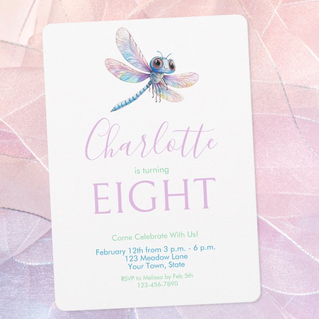 Invitación Cute Dragonfly Watercolor Chica Púrpura Cumpleaños (Subido por el creador)