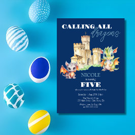 Invitación Cute Dragons Castle Fairytale Navy Kids Cumpleaños