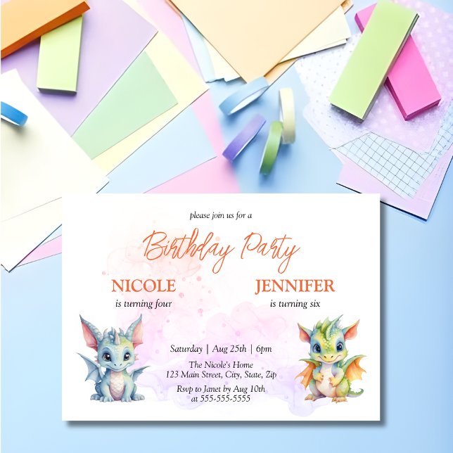 Invitación Cute Dragons Fairytale Kids Joint Birday (Subido por el creador)