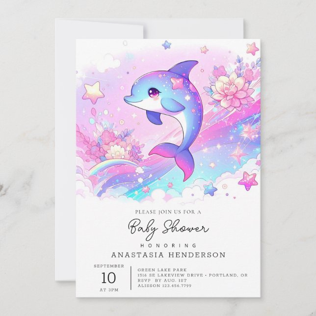 Invitación Cute Dreamy Dolphin Baby Shower (Anverso)