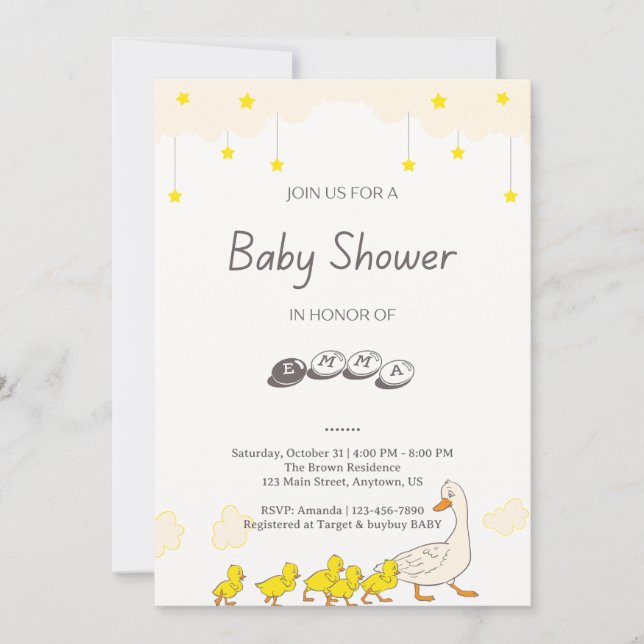 Invitación Cute Duck Baby Shower Illustration Minimal Style (Anverso)