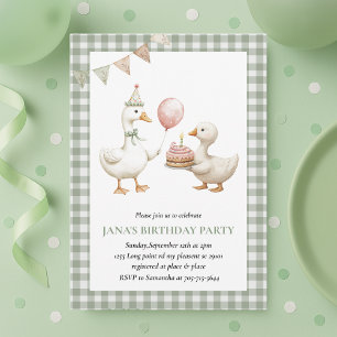 Invitación Cute Duck Green Gingham Birthday