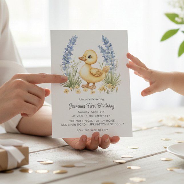 Invitación Cute Duckling Garden First Birthday QR Code  (Subido por el creador)