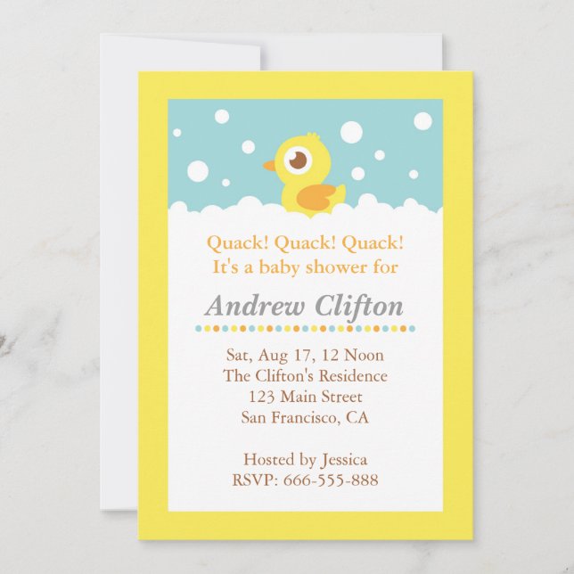 Invitación Cute Ducky con el Fiesta Baby Shower Bubbles (Anverso)