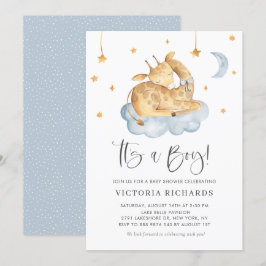 Invitación Cute durmiendo jirafa azul es un niño Baby Shower