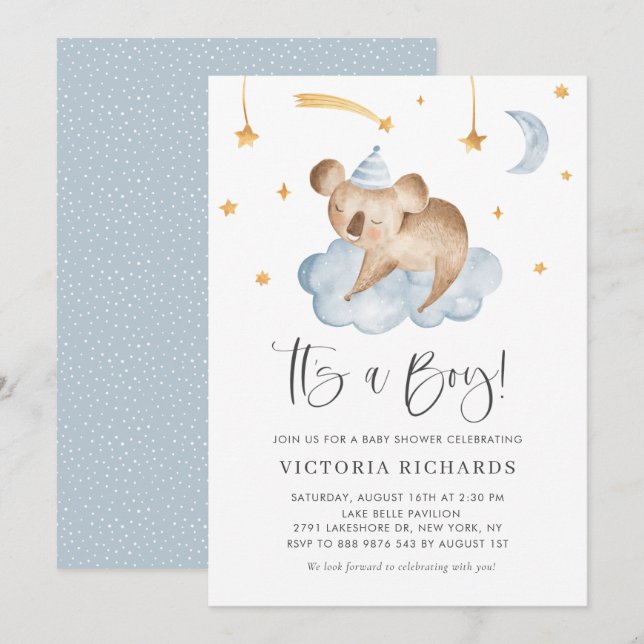 Invitación Cute durmiendo Koala Azul es un niño Baby Shower (Anverso / Reverso)