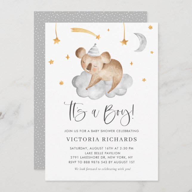 Invitación Cute durmiendo Koala Grey es un niño Baby Shower (Anverso / Reverso)