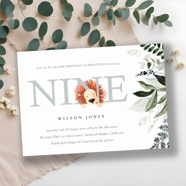 Invitación Cute Dusky Blue Lion Foliage Noveno Cumpleaños (Subido por el creador)