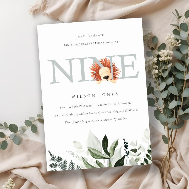 Invitación Cute Dusky Blue Lion Foliage Noveno Cumpleaños (Subido por el creador)