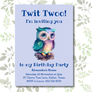 Invitación Cute Dusty Blue Owl Kids Woodland Cumpleaños