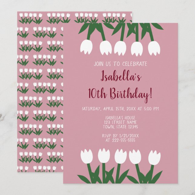 Invitación Cute Dusty Rosa Floral Tulips Fiesta de cumpleaños (Anverso / Reverso)