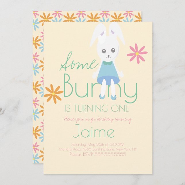 Invitación Cute Easter Bunny Turning One Birthday (Anverso / Reverso)