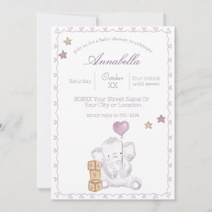 Invitación Cute elefante bebé niña y globo acuarela