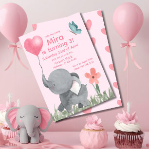 Invitación Cute Elefante con Globo Cumpleaños