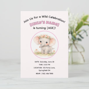 Invitación Cute Elefante de Safari al Aguarela Niña en su Cum